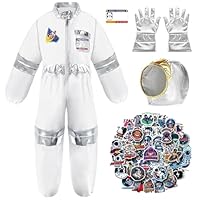 KUWUNG Astronaut Costume Kids, 5-6 Years Space Costume Kids with Jumpsuit, Gloves, Space Helmet, Name Card and Astronaut Stickers, Children Space Suit, Spaceman Jumpsuit Pretend Role Play Dress Up