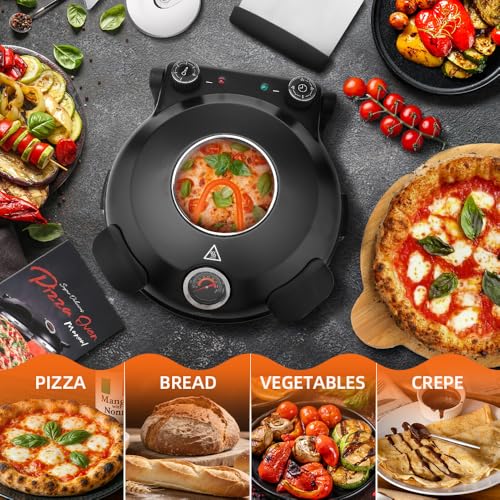 Image of Electric-Pizza-Oven-Indoor, 12 Inches Countertop Cooker,800℉ Electric Pizza Maker with Timer, Ceramic Stone, Viewing Window, Complete Accessory Kit, Black