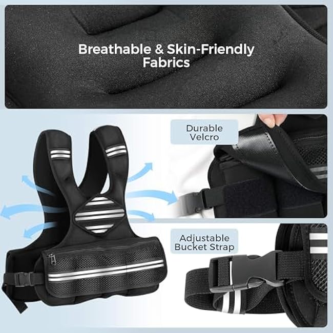 Adjustable Weighted Vest for Women Men, 6-18 LBS Weighted Walking Vest with 8 Ironsand Weights & Reflective Strip, Strength Training Weight Vests for Running GYM Home Workout, Large Zippered Pocket