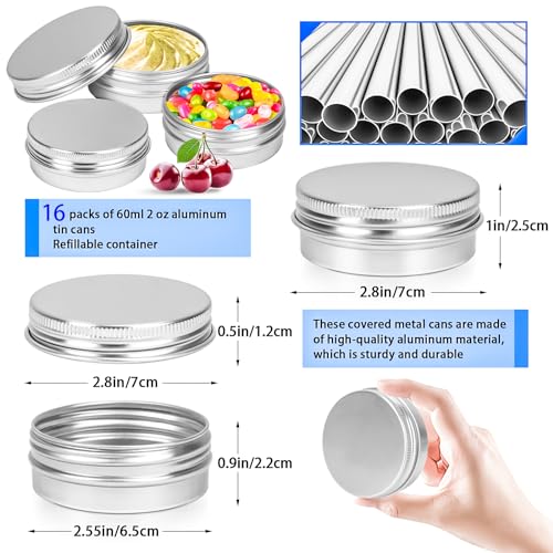MotBach 16Pack 2oz Tin Jars, 60ml Metal Tin cans, 2Ounce Aluminum tin can jar Containers with Screw Lid for Lotion Bars, Spices, Salve, Balms, Beard Balm, Toiletries, Creams, Samples, Makeup Cosmetic2
