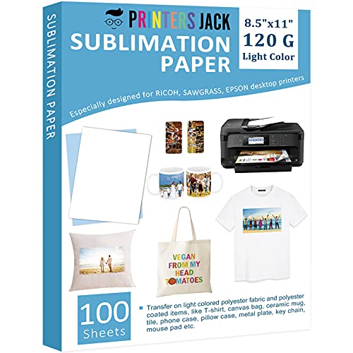 Printers Jack Sublimation Paper - 8.5 x 11 Inches, 100 Sheets 120gsm for Any Epson Sawgrass Inkjet Printer with Sublimation Ink, Heat Transfer Sublimation Paper for T-shirt, Mugs, Light Fabric