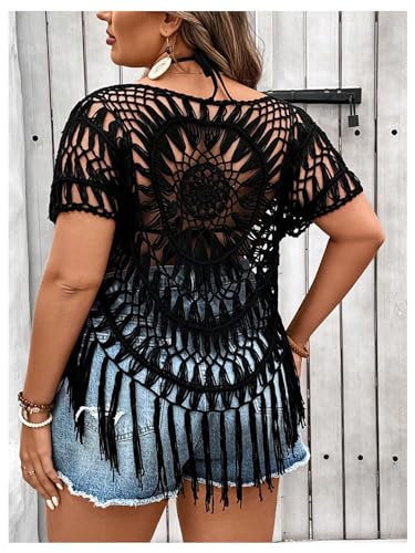 SOLY HUX Women's Plus Size Hollow Out Fringe Hem T Shirts Short Sleeve Knitted Crochet Tops2