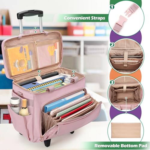 Image of LUXJA Rolling Teacher Bag with Wheels and 15.6 inch Laptop Compartment, Pink | Rolling Briefcase for Women with Accordion File Area, Teacher Tote Bag for Work with Detachable Dolly and Shoulder Strap