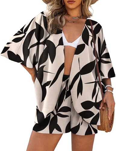 a.Jesdani Womens 2 Piece Outfits Kimono Style Tropical Print Cover Ups Half Sleeve Blouse Shorts Set Summer Beachwear Apricot 01 XL