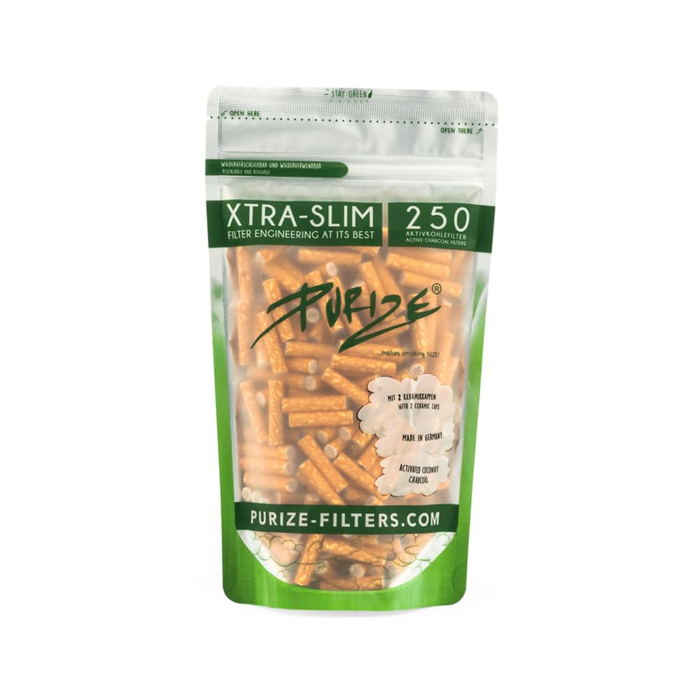 Purize Carbon Activated Extra Slim Filter Tips - 6mm - (250 Pack) - Enhance Your Smoking Experience with Advanced Filtration Technology - with Vastu Storage Mylar Bag (Cigarette)