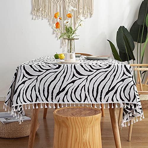 Black Tablecloth Zebra Print Table Cloth Rectangle Tassel Heavy Weight Polyester Fabric Table Cover For Kitchen Dinning Dust-Proof Tabletop Decoration 55 X 70 Inch #TOP1