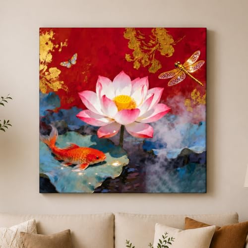 Image of PAINTINGMANTRA Koi Fish Lotus Stretched Canvas Painting for Living Room | Feng Shui Artwork Wall Decor Art For Livingroom, Bedroom, Office, Hallways - 34x34 Inch