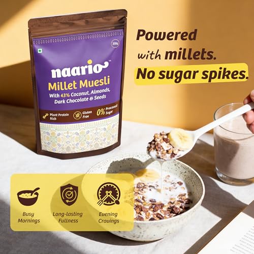 Image of Naario Chocolate Millet Muesli | Jowar-Based Gluten-Free Breakfast | Zero Added Sugar | Low GI | Diabetic Friendly | Keeps Full 4 Hours | No Oats No Wheat | Ready in 2 Min | 250g