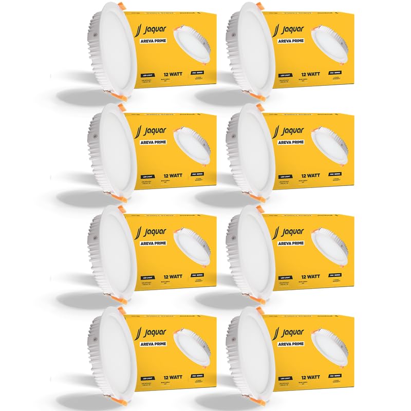 Image of Jaquar 12W Areva Prime Round Downlight with Aluminum housing | 5 Year Warranty | Cool White (6500k) Sleek Backlit Design | Recessed Mounted False Ceiling | 105 mm Cutout |120x28 mm (Pack 8)