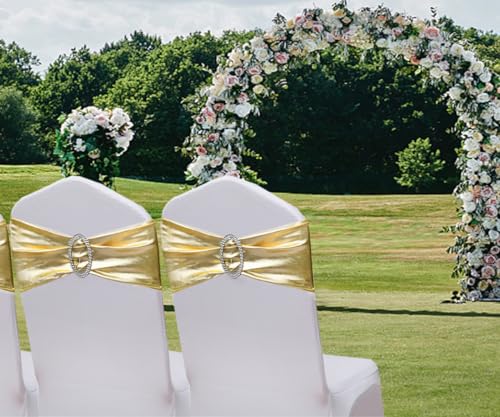 Image of Spandex Gold Chair Sashes Bows 50 Pack Stretch Chair Bands with Buckles Elastic Slider Chairs Ties for Wedding Decorations Party Reception Events Banquet Decor - Metal Gold
