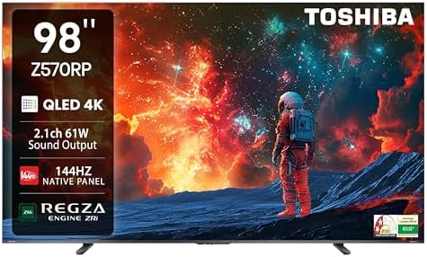 Toshiba 248 cm (98 Inches) 4K Ultra HD Smart QLED TV | Dolby Vision Atmos, HDR10+ | 144 Hz Panel | 2.1 CH 61W Speaker with Sub Woofer | REGZA Engine ZRi | Voice Control | VIDAA OS | 98Z570RP (Black)