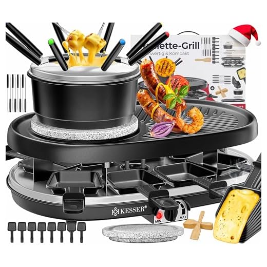 KESSER® 3in1 Raclette-Grill mit Naturgrillstein, Grillplatte und Fondue, Tischgrill für 8 Personen, Elektrogrill Raclette Grill antihaftbeschichteter Grillplatte, 8 Pfannen und Holzspatel