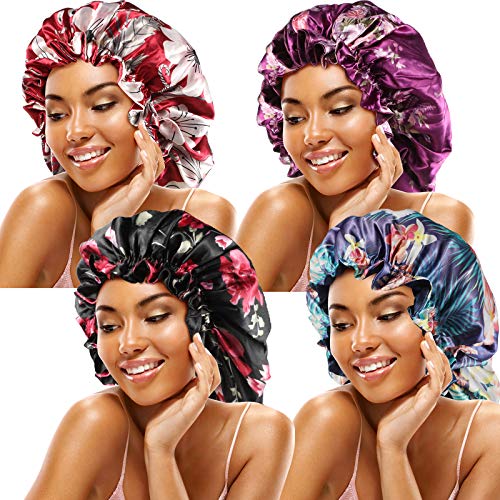 4 Pieces Large Satin Sleep Silky Bonnet Cap Double Layered Reversible Hair Bonnet Flower Printed Night Cap Satin Bonnet Sleeping Cap for Curly Natural Hair (Flower Pattern)