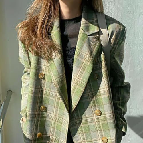 chouyatou Womens Business Casual Plaid Blazer Jacket Notched Collar Open Front Dressy Suit Loose Pea Coat2