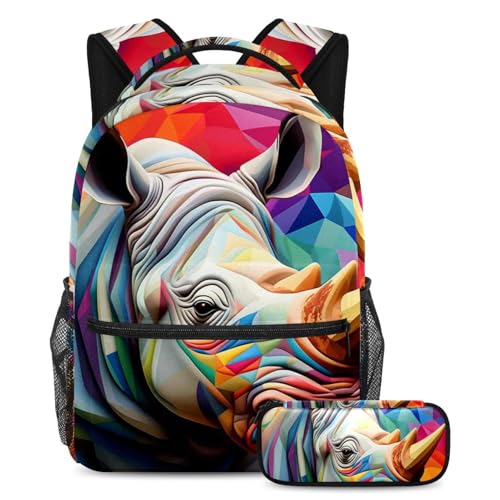Sac à dos rhinocéros mosaïque avec trousse scolaire pour enfants et adolescents