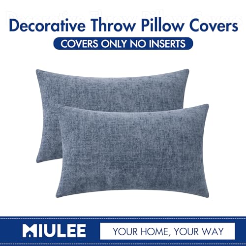 Image of MIULEE Pack of 2 Couch Throw Pillow Covers 12x20 Inch Soft Dark Grey Blue Chenille Lumbar Pillow Covers for Sofa Living Room Solid Dyed Cases