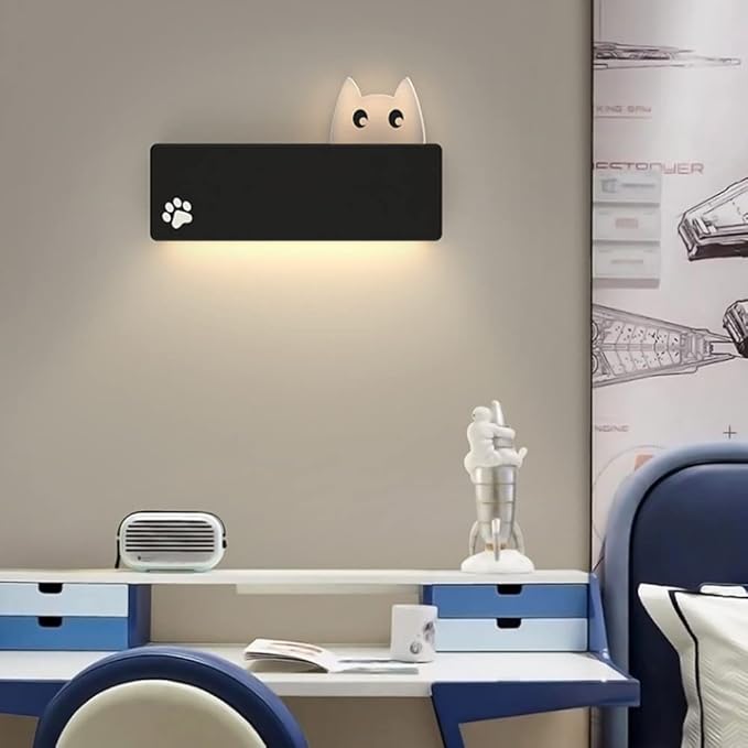 Jadssox Children's Room Wall Light LED Rectangle Sconce Cartoon Cat Wall Lamp, 9W Kids Bedroom Bedside Lighting Fixture, Girls Boys Room Nursery 3 Color Mode Wall Wash Lights photo 3