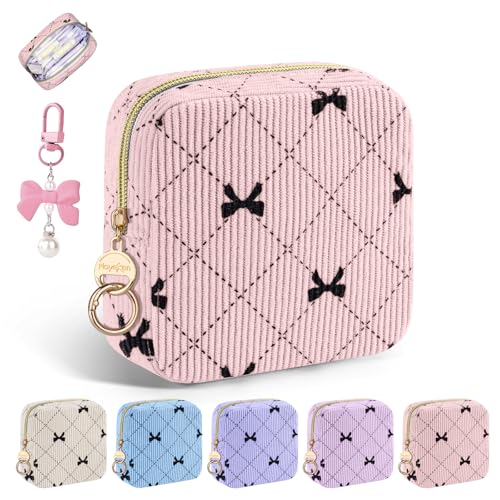 Image of Period Bag for Teen Girls, Corduroy Sanitary Napkin Pouch, B-Pink | Bow Menstrual Pad Pouches Tampon Holder for Purse, Period Pouches with Keychain for Sanitary Napkin, Menstrual Cup, Tampo