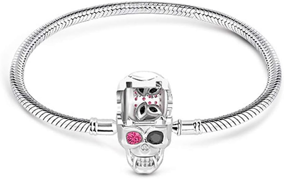 GNOCE "Elegant Skull" Skull Bracelet With Eye-Catching Black And Fuchsia Crystals Handcrafted Sterling Silver With An Elegant Bangle Fit All Major Brands Of Charms Bracelets (22.0 Centimeters（8.7in）)