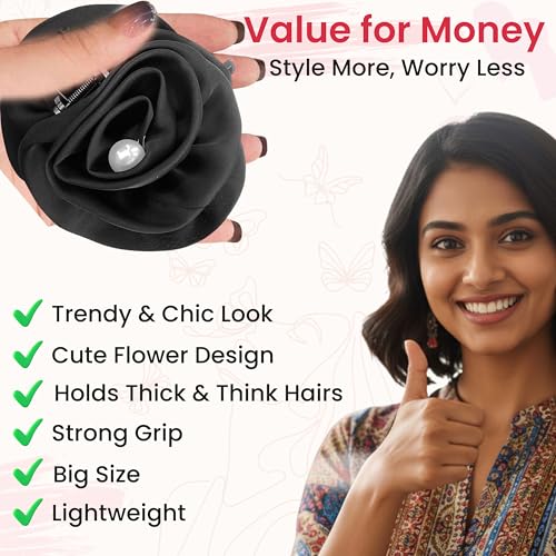 Image of TEMPERIA (1pc) Flower Hair Claw Clips for Women | Aesthetic & Stylish Clutchers Hair Accessories for Women for Party & Wedding | Big Flower, Strong Grip & Durable | Black