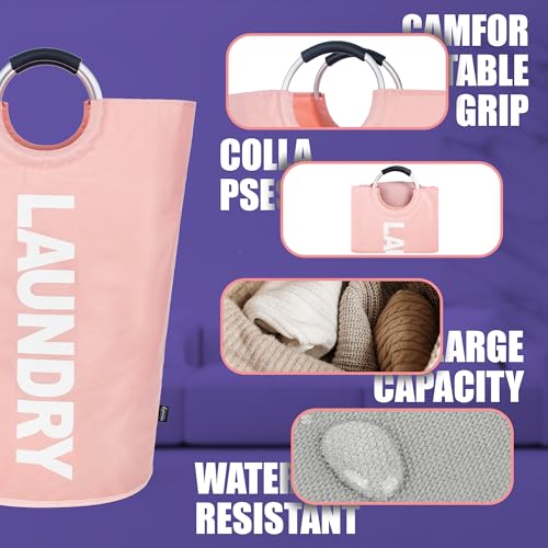 Image of Caroeas 90L Collapsible Laundry Basket, Waterproof Laundry Bag (8 Colors) for Baby, Large Washing Basket with Padded Handles Stands Up Well for Easy Storage, Pink