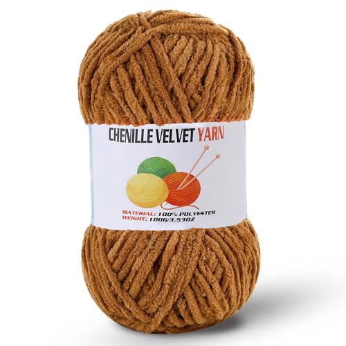 Image of Fluffy Chenille Yarn for Crocheting, Chunky Velvet Yarn for Crochet Amigurumi, Used for Making Baby Yarns Blanket, Clothes, Pattern Knitting Creations (1-Coffee)