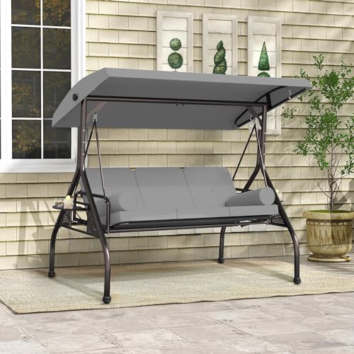 Image of SUNCROWN Outdoor 3 in 1 Porch Swing Chair, 3 Seat Patio Swing Glider with Adjustable Canopy, Heavy Duty Swings with Thickened Cushions, Pillows & Cup Holders for Backyard, Porch, Garden,Grey
