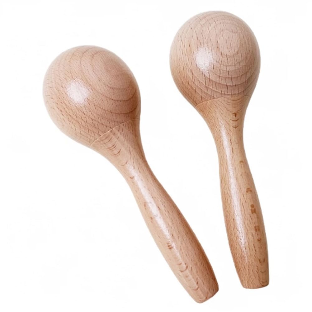Maracas Montessori in Legno Massello Naturale per Bambini | Sonagli di sabbia in legno non finito di dimensione media, strumento a percussione lucidato a mano