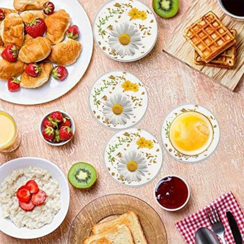 Image of 6pcs Daisy Design Wooden Coasters, 4inch Round Hand-Washable Coasters, Suitable Home Decoration, Easter, Valentine's Day, Mother's Day, Coffee Table