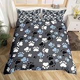 Feelyou Dog Paw Bedding Set for Kids Boys Girls Kawaii Dog Comforter Cover Set Queen Size Dog Animals Print Duvet Cover Bedroom Decor Blue Grey Bedspread Cover Bedding Collection 3Pcs