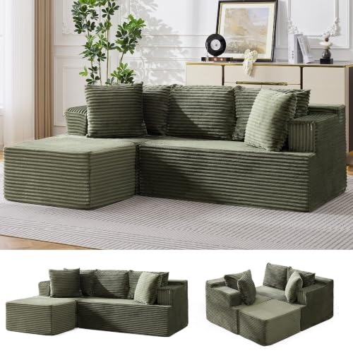 Image of Korser Boneless Couches for Living Room, Cloud Couch Sectional with Ottoman, L-Shaped Sofa with Fluffy Comfy Corduroy Deep Seat, Bedroom, Apartment, No Assembly Required