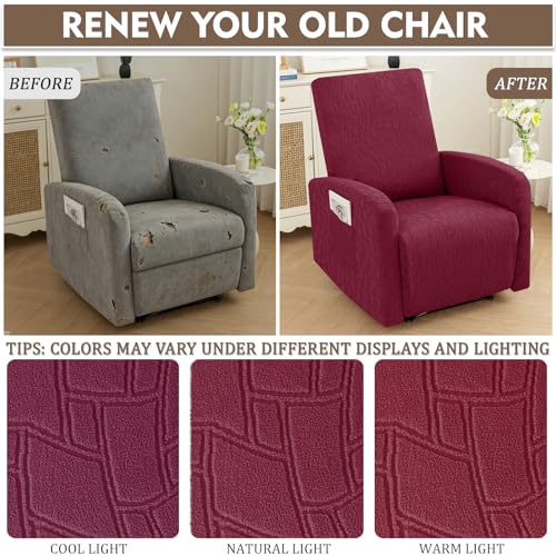 Image of ZNSAYOTX 100% Waterproof Recliner Chair Covers, 3-Piece Stretch Fit Recliner Slipcovers with Buckle & Elastic Band for Lazy Boy, Stay in Place, Soft Plaid Jacquard Protector (Small, Wine Red)