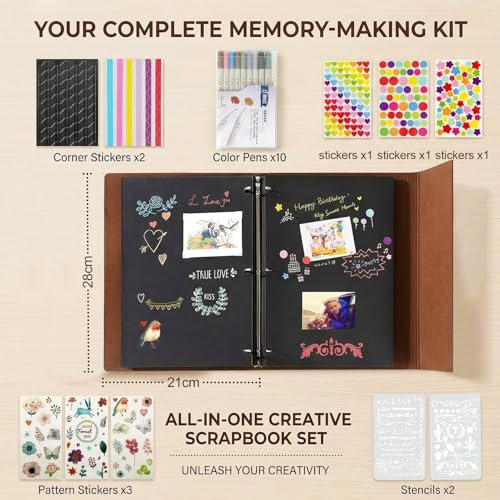 Miniatura 2 de Yileey Album De Fotos Para Pegar Y Escribir, De Cuero, 60 Páginas Negras, Recargable Diy Scrapbooking Set Con Rotuladores Plantillas Pegatinas Y Photo Corner, Original Regalos, Diente De León
