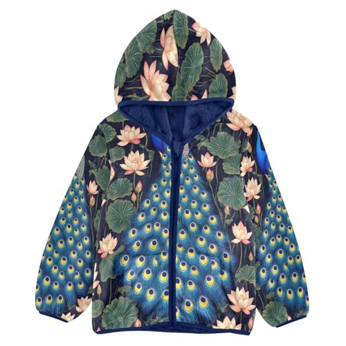 Peacock Among Lotus Flowers Toddler Fleece Jacket Girl Boys Hooded Fleece Jacket Coat Warm Outwear Zip-up 3-10T