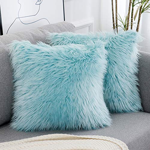 WLNUI Decorative Light Blue Fluffy Pillow Covers New Luxury Series Merino Style Faux