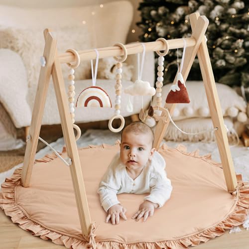 Image of Wooden Baby Play Gym Play Mat Set, Baby Gym with 6 Hanging Sensory Toys Foldable Playgym for Infants Frame Activity Center Hanging Bar for Newborn Shower Gift