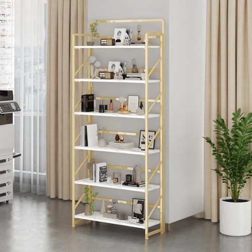 Image of JSB 6 Tier No Assembly Folding Bookshelf, 30.3 inch Wide Foldable Storage Bookcase for Home Office, Space-Saving Storage Shelf for Living Room (White&Gold)