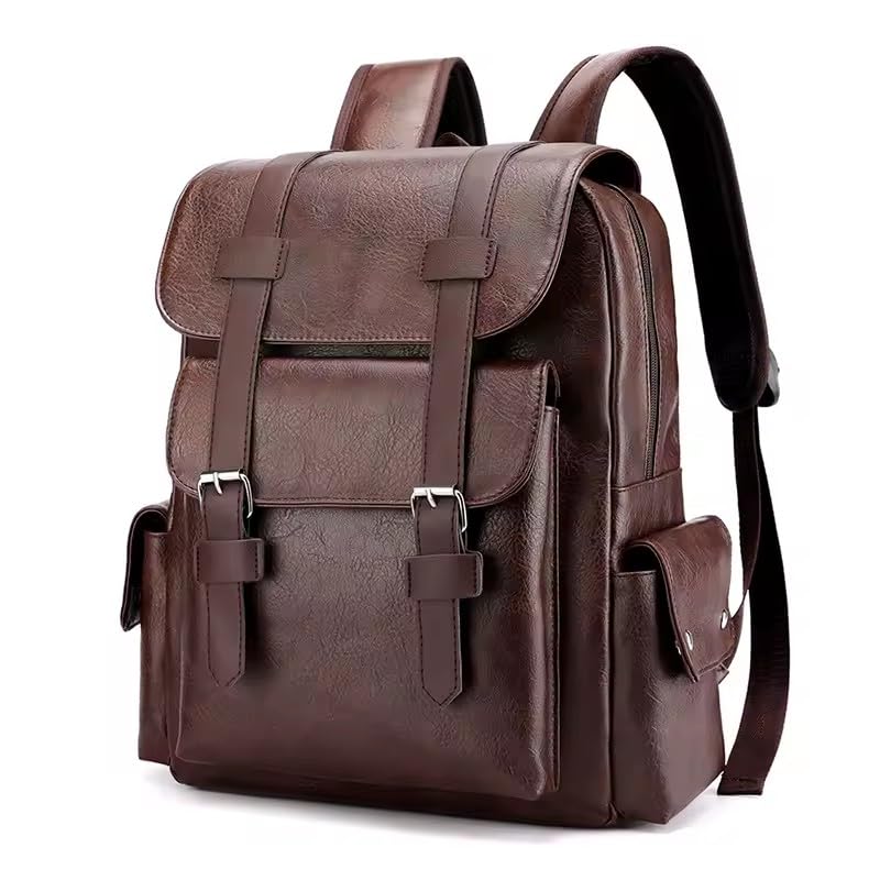 Mochila Masculina em Couro PU, 34 x 38 x 12 cm, Design Clássico com Fivelas, Preta e Marrom (Dark Brown)