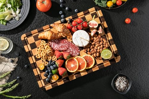 Image of THETCHRY Cutting Boards for Kitchen, Checkered Cutting Board Thickened, Walnut & Rubber Wood Chopping Board with Juice Groove & Handle, Double-sided Butcher Block with Gift Box, 16.5 inch x 11.6 inch x 1.2 inch