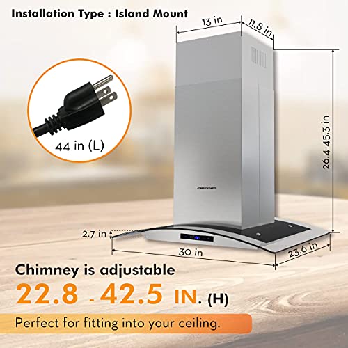 Firegas FGS-USI02G75CC Island Range Hood 30 Inch 450 Cfm With Chimney, Ceiling Mount Kitchen Vent Hood With Tempered Glass thumb #5