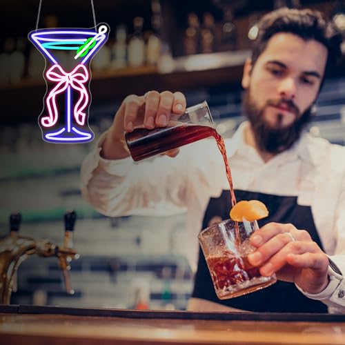 Image of Neon Sign, JGHTURIE Bow Cocktail Neon Signs for Wall Decor Pink Blue Light up Sign Bar Club Party Signs for Man Cave Decor USB Powered