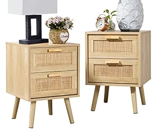 Finnhomy Bedside Tables Set of 2, Side Table with 2 Hand Made Rattan Decorated Drawers, Night Stand Set 2, Wood Nigntstand, End Table with Storage for Bedroom, Natural, 2 Pack