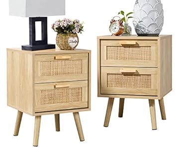 Finnhomy Bedside Tables Set of 2, Side Table with 2 Hand Made Rattan Decorated Drawers, Night Stand Set 2, Wood Nigntstand, End Table with Storage for Bedroom, Natural, 2 Pack