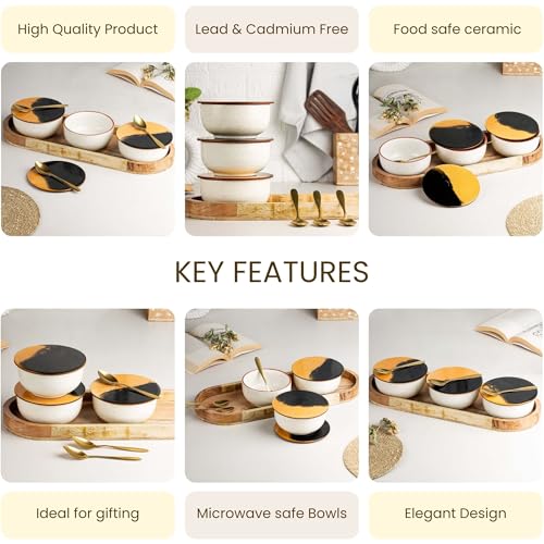 Image of The Earth Store White Marble Ceramic Bowl Serving Set - 3 Bowls (500ml Each) with Wooden Tray, 3 Spoons & 3 Multipurpose Lids /Coaster - for Snacks, Curries, Desserts & Fruits
