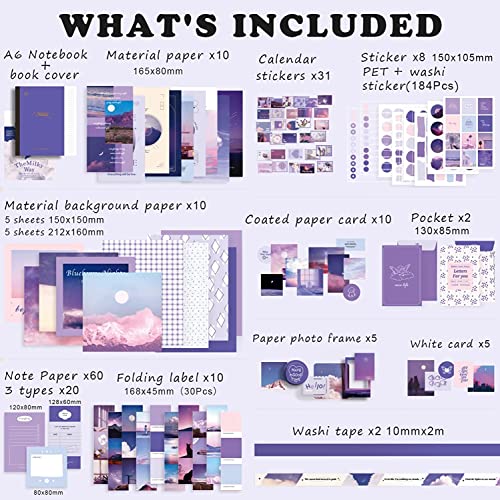 Image of 348 Pcs Scrapbook Kit Vintage Aesthetic Scrapbook Kit for Bullet Junk Journal Stationery A6 Grid Notebook, DIY Supplies,Birthday Craft Gift for Teen Girl Kid Women (Moonlight)