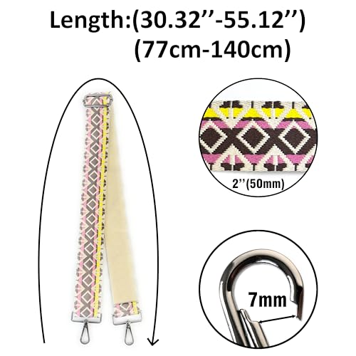 Image of Cream Purple Yellow Boho Diamond Purse Strap with Gunmetal Black Hardware 2 Inch Wide Replacement Crossbody Guitar Style Shoulder Strap for Handbags Totes