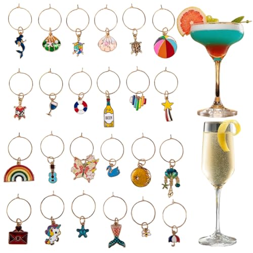 Qocuzax 24Pcs Wine Glass Charms & Markers - Reusable Identifier Tags for Stem Glasses - Funny Non-Scratch Charms for Summer Beach Christmas & Wine Party