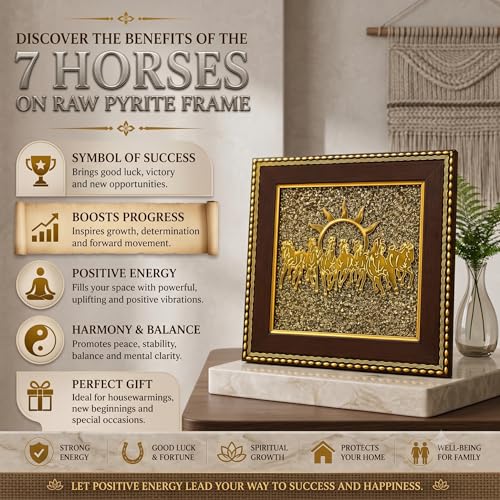Image of CrystalPurna Original Pyrite 7 Horses Frame for Wealth Money Success & Prosperity | Vastu Seven Running Horses with Rising Sun Wall Decor | Natural Pyrite Crystal Wooden Frame for Home Office Living Room Positive Energy Gift