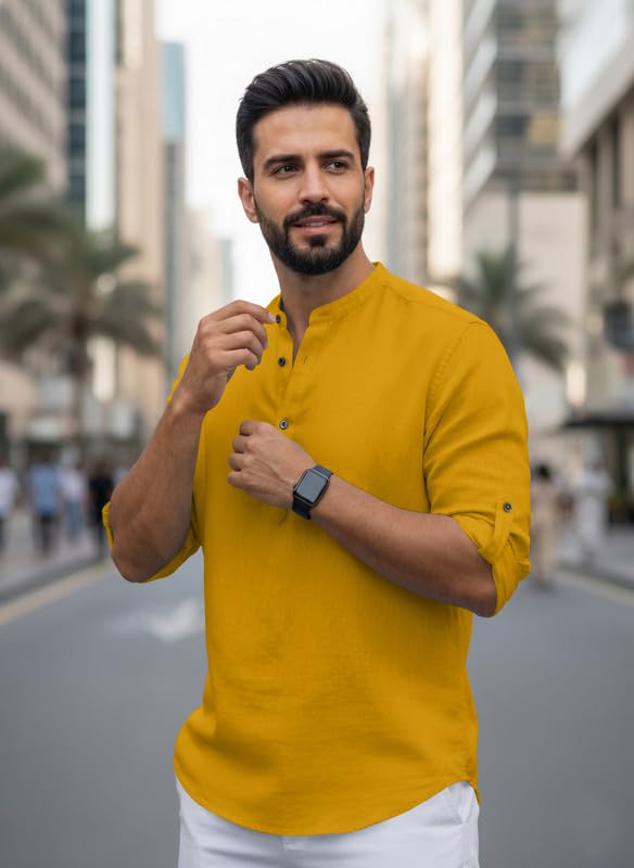 Image of Men Cotton Blend Mandarin Collar Casual Kurta Shirt | Roll-Up Sleeves | Regular Fit Ethnic Short Kurta for Daily
