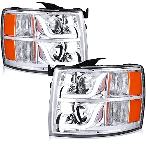 OEDRO LED DRL Headlight Assembly for 07-13 Chevy Silverado 1500/07-14 Silverado 2500HD 3500HD, Headlamp Replacement w/ Daytime Running Light Chrome Housing Clear Lens Amber Reflector - Pair Set